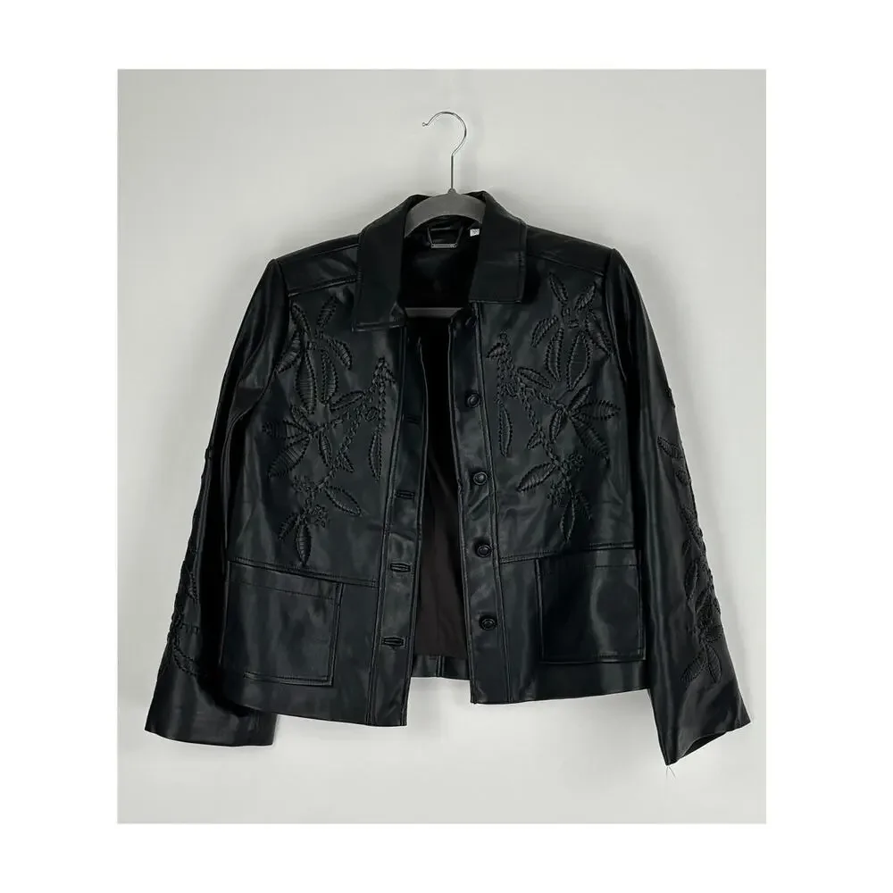 Chicos Womens Black Cutwork Faux Leather Jacket Size 8 Chicos 1 New Long Sleeve
